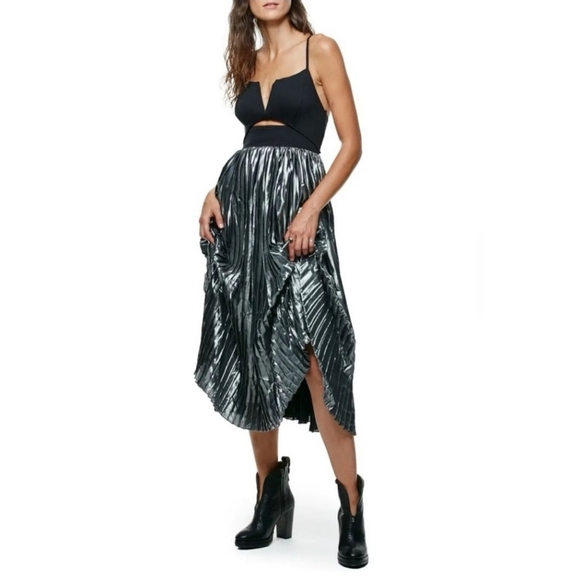 Free People NWT Piper Metallic Pleated Midi Dress